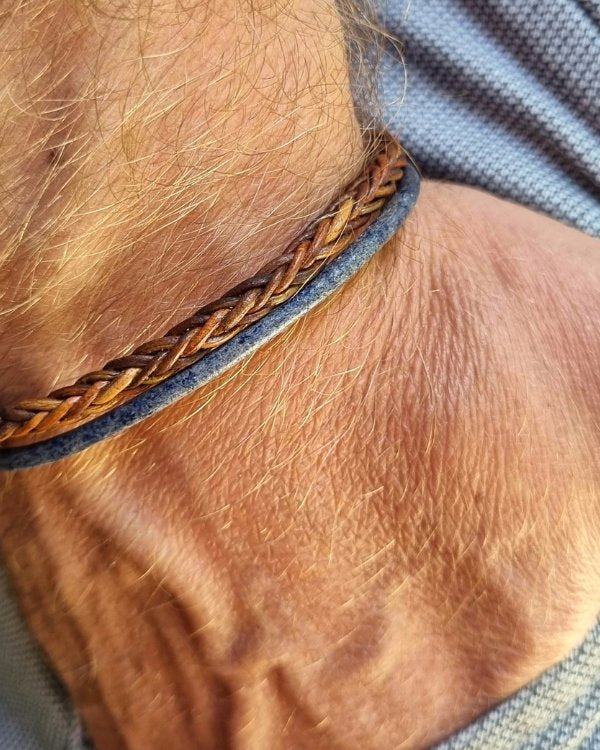 Mens collection banner leather denim bracelet