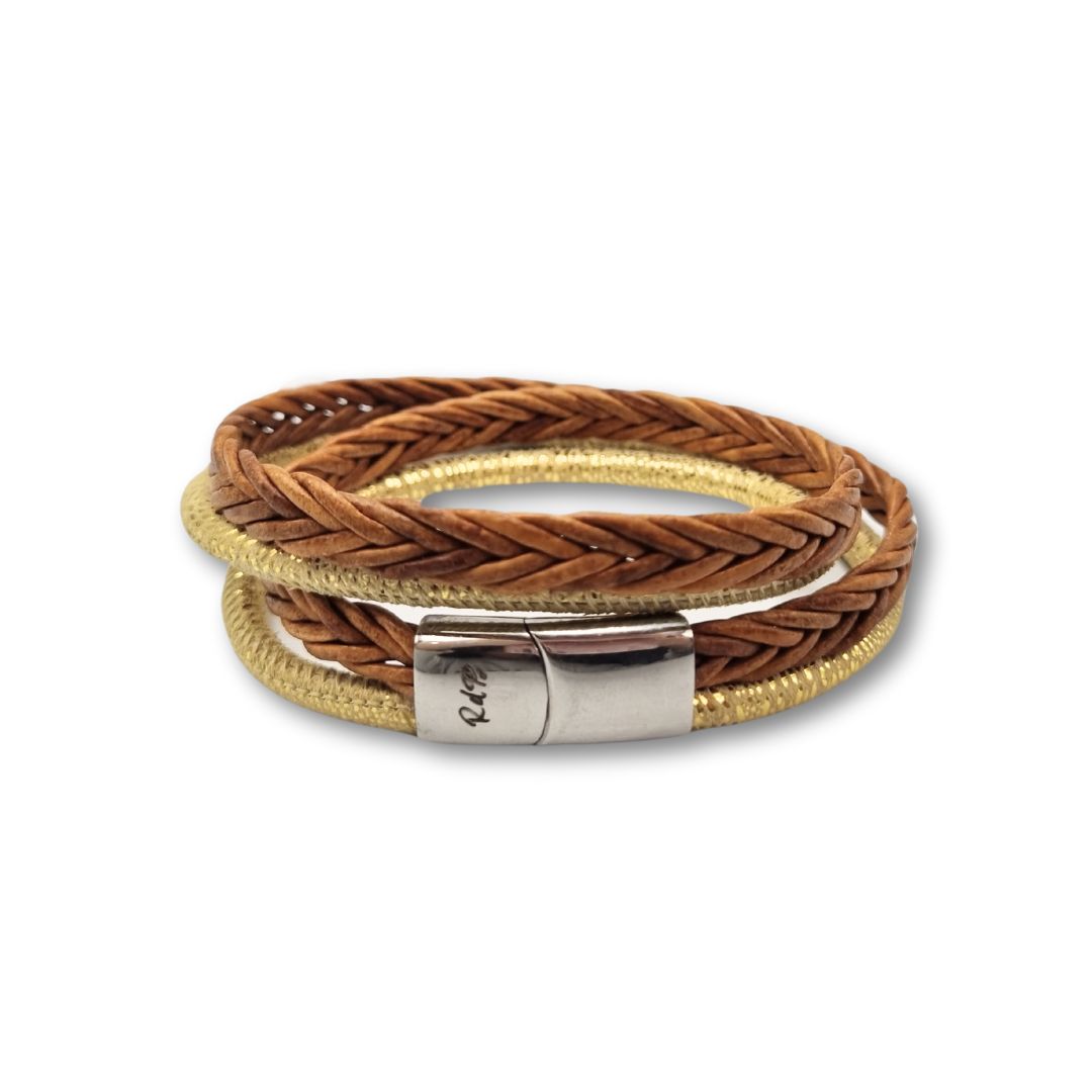 Leren armband dames - Boho Gold - Gevlochten - Bruin Goud Leer - Ibiza - Bohemien - Dubbel koord