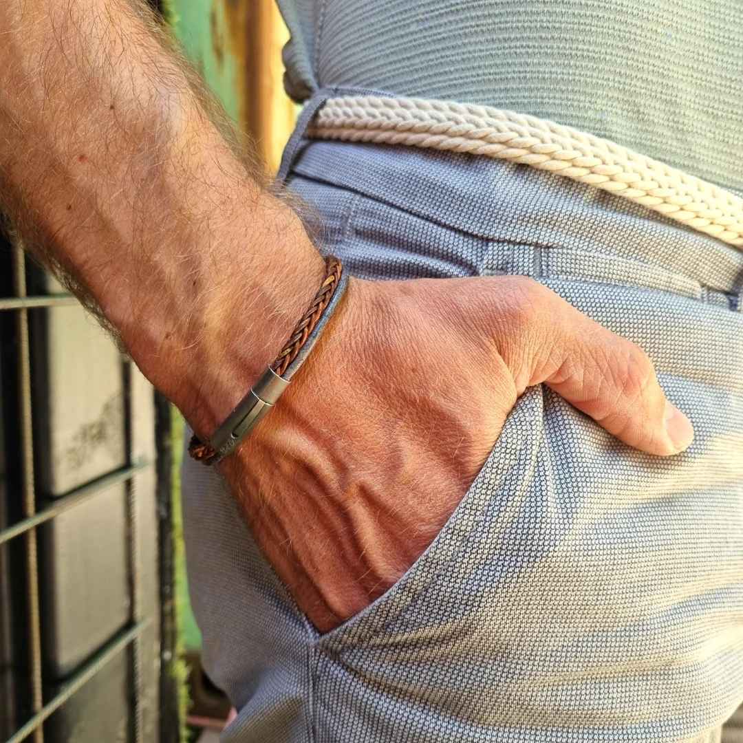 Bruine leren armband heren met blauw koord Rusty denim - gevlochten