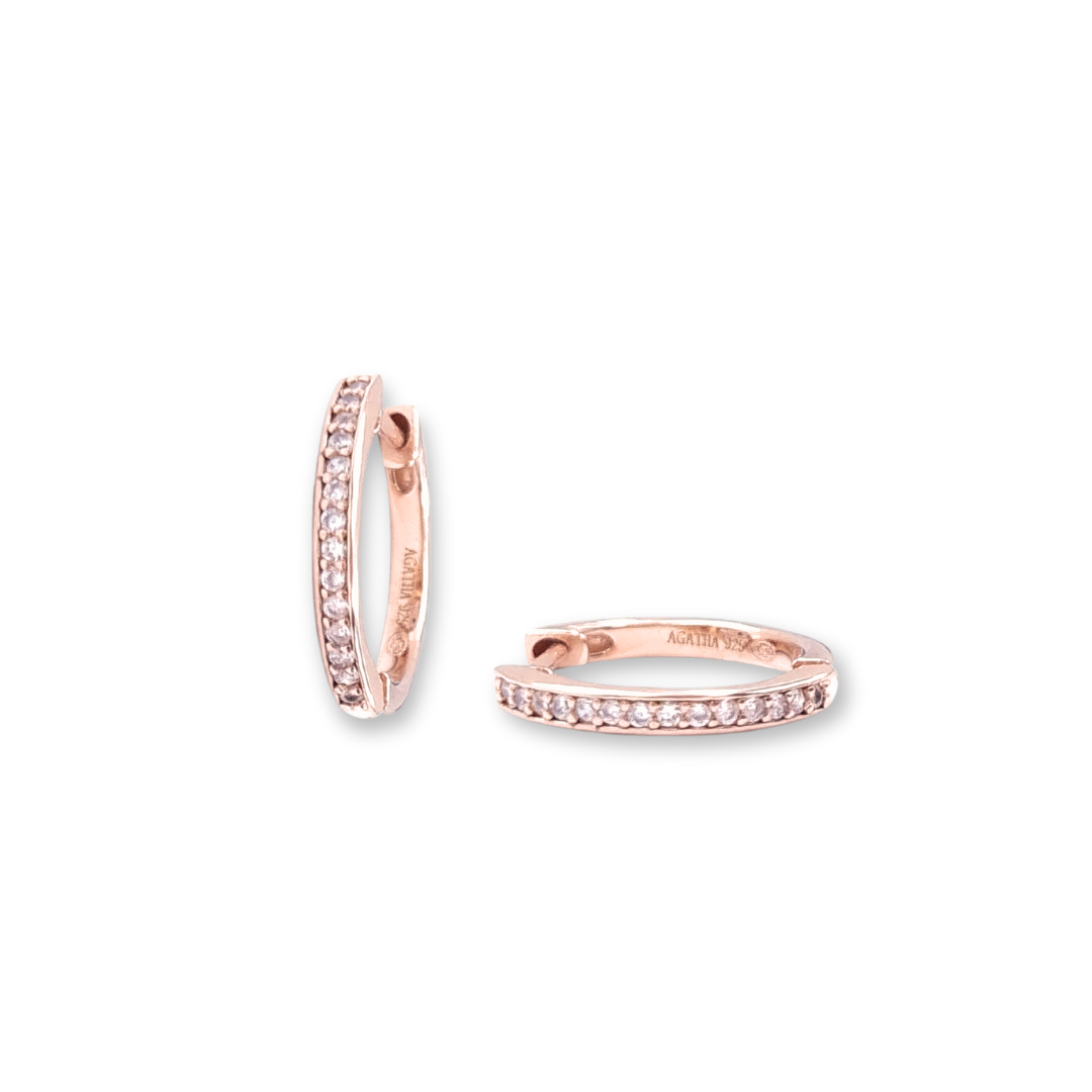 Emilia huggie earrings, 18k rose goldplated 925 sterling silver, white zirconia, oorbellen zirconia zilver rosé