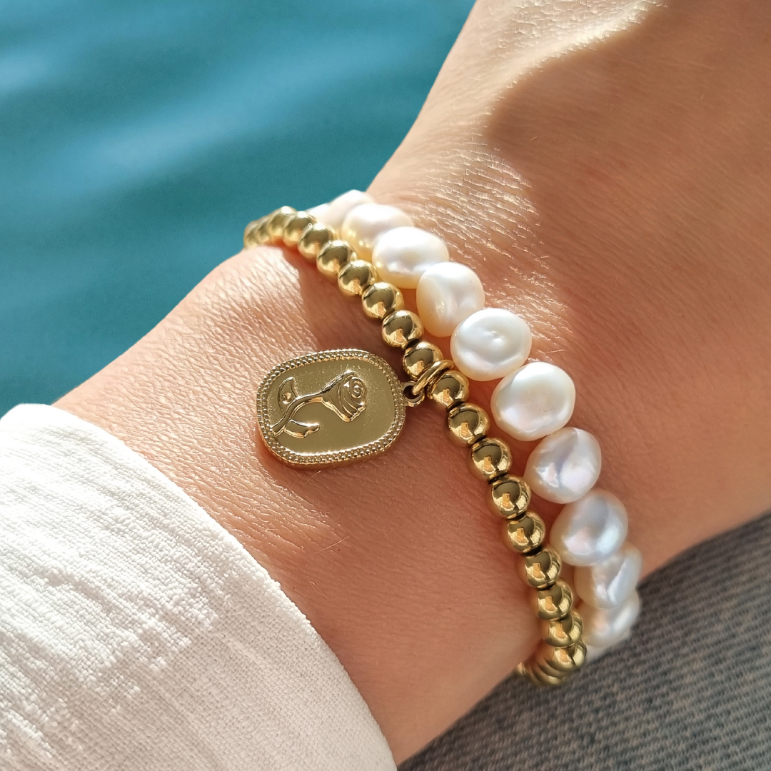 Roca de Piña - Fortaleza Rose bracelet - Stainless steel - rose charm - steel beads- RVS armband