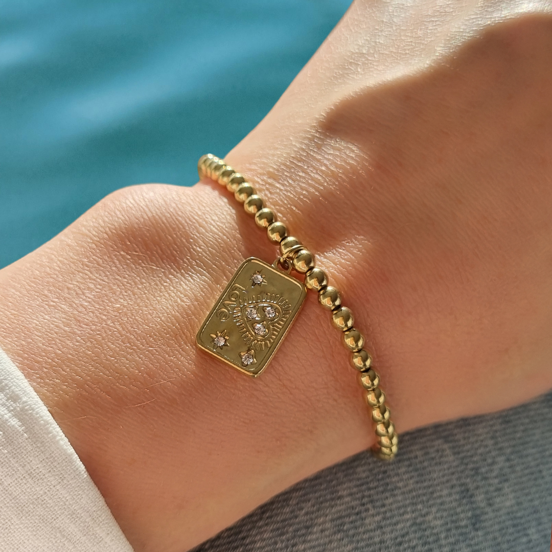 Roca de Piña - Fortaleza love bracelet- stainless steel beads - white zirconia - RVS staal armband