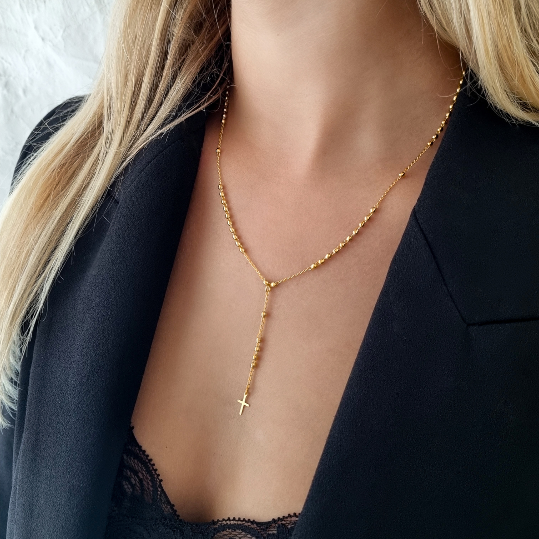 Goldfilled Rozenkrans Ketting Met Kruisje Dames - Goud Kleur- Kralen