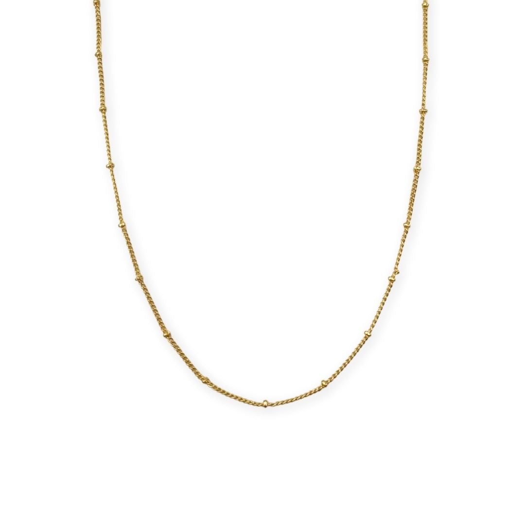 Goldfilled bolletjesketting met fijne 2 mm balletjes – goudkleurige damesketting met karabijnsluiting, verkrijgbaar in twee lengtes.