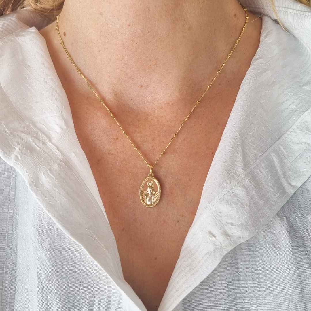 Gouden bolletjesketting met hanger met Maria Miraculeuze medaille van goldfilled brass