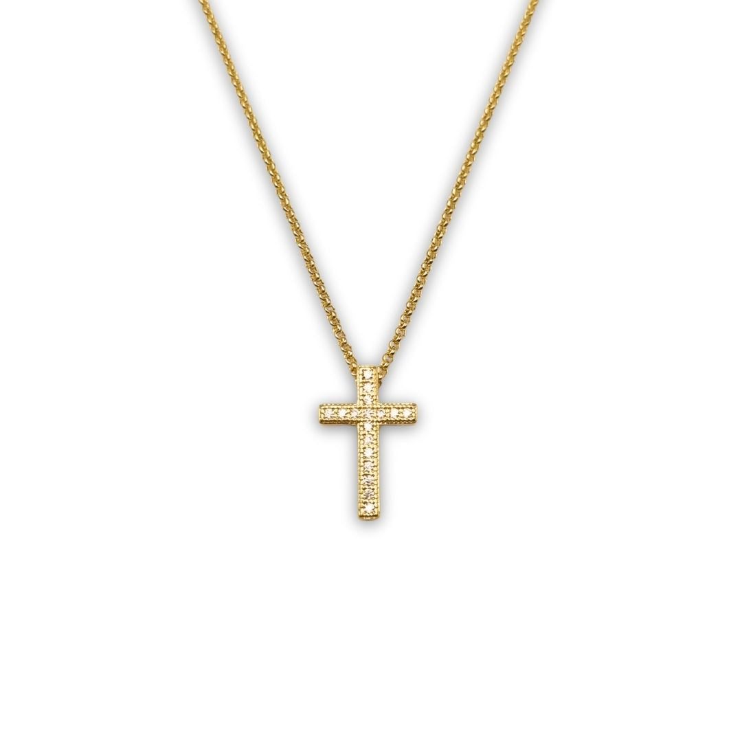 Gouden kruisje ketting met zirkonia steentjes van goldfilled brass