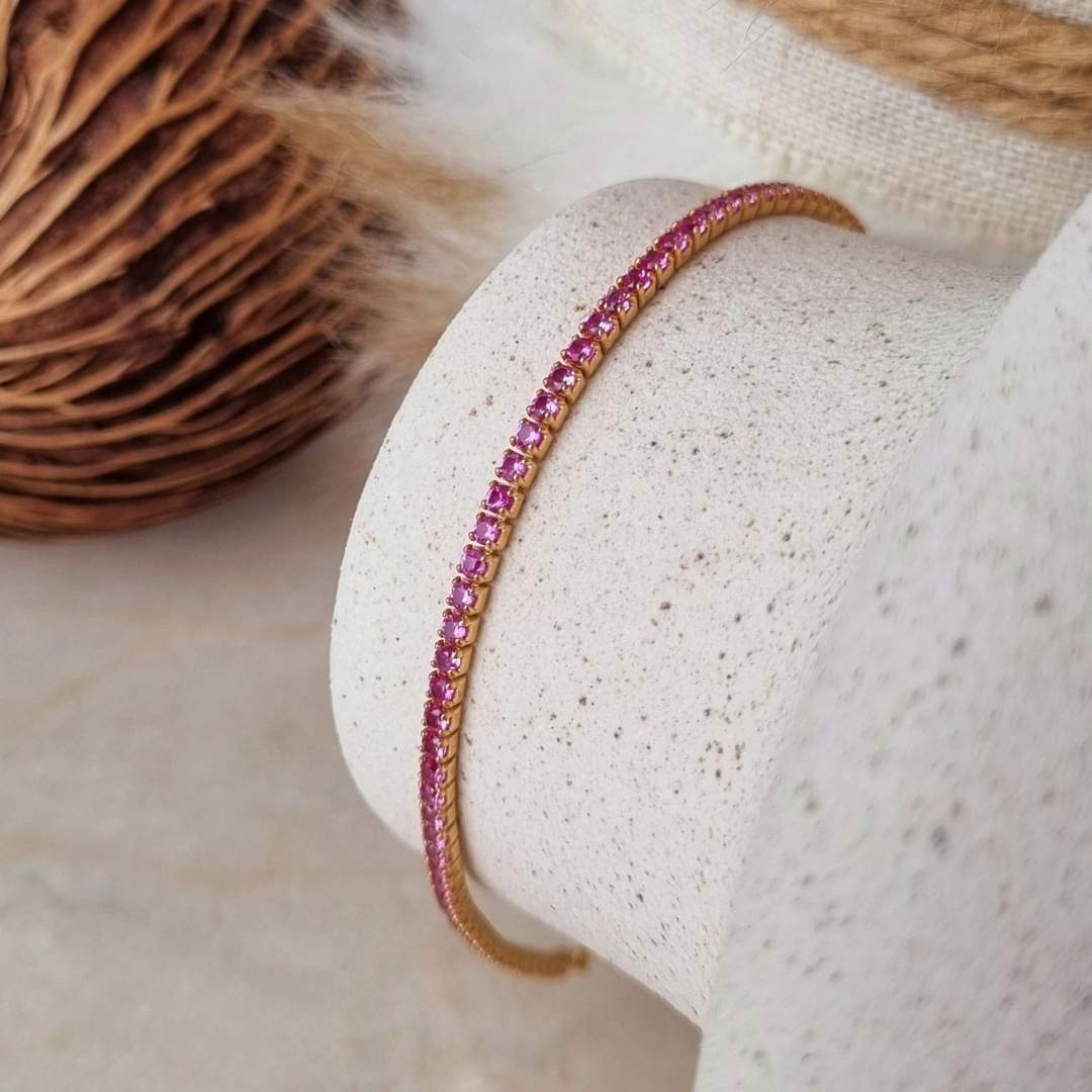 Gouden tennisarmband roze steentjes verguld zilver Grace