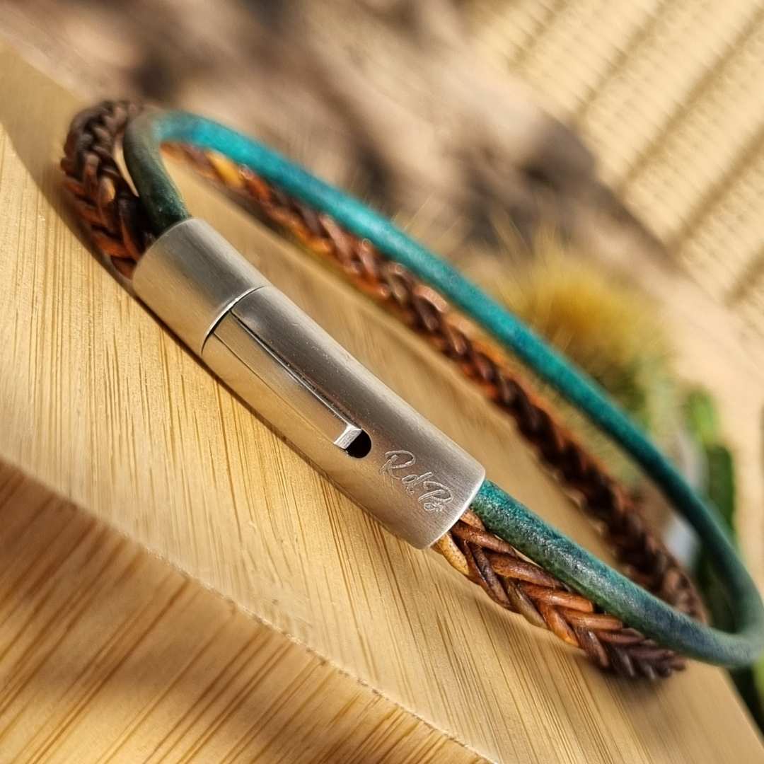 Groen bruine leren heren armband gevlochten twee koorden