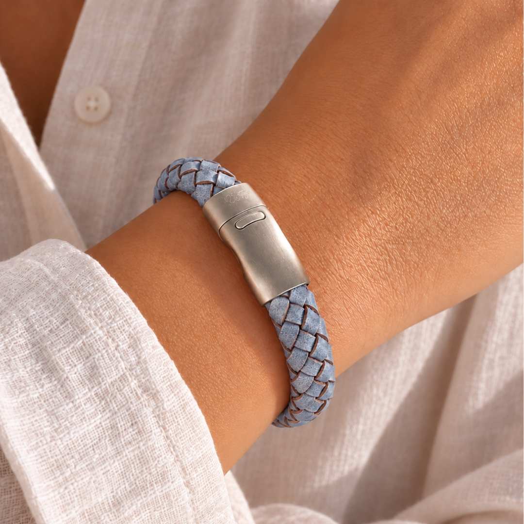 Leren armband gevlochten blauw dames