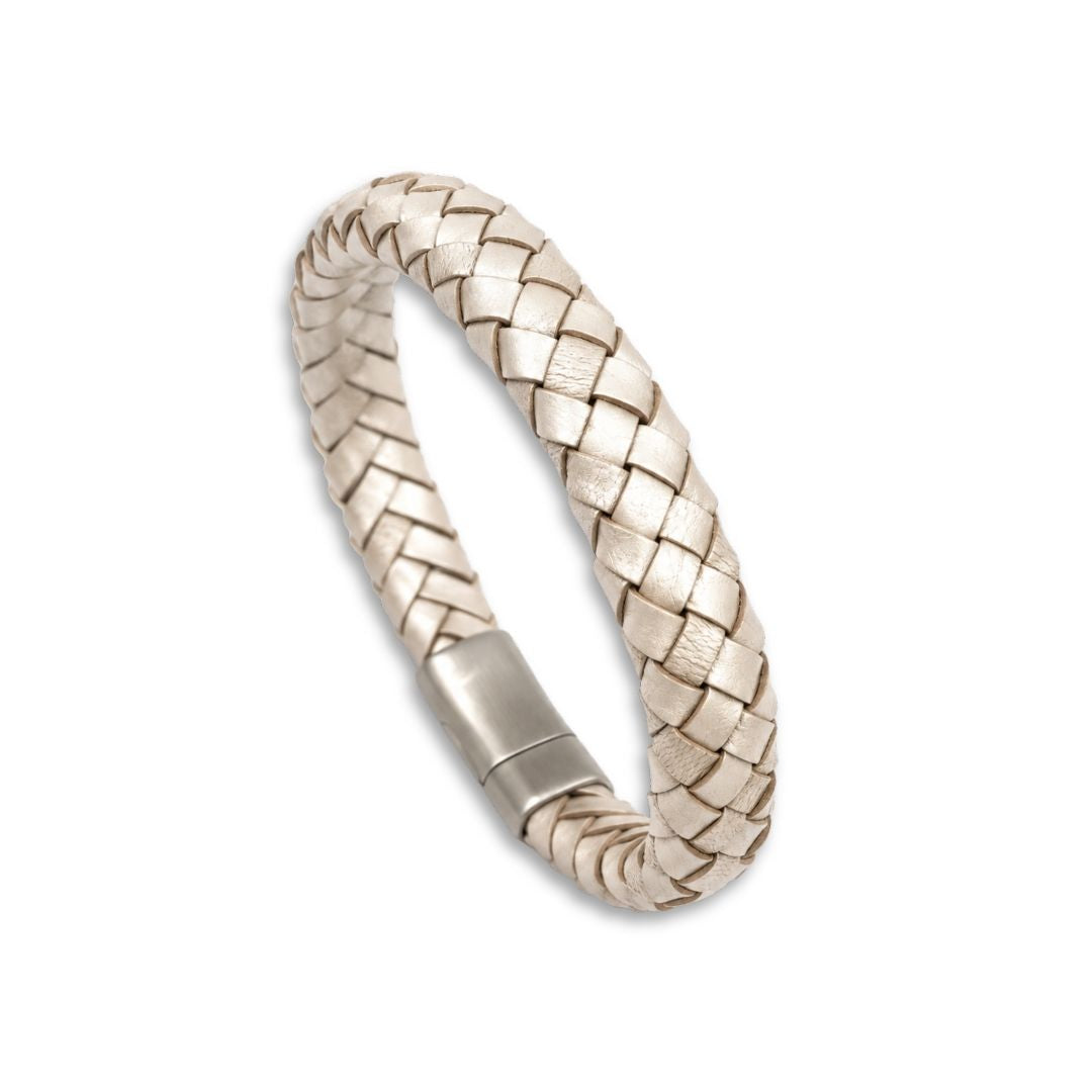 Leren armband gevlochten creme champagne dames