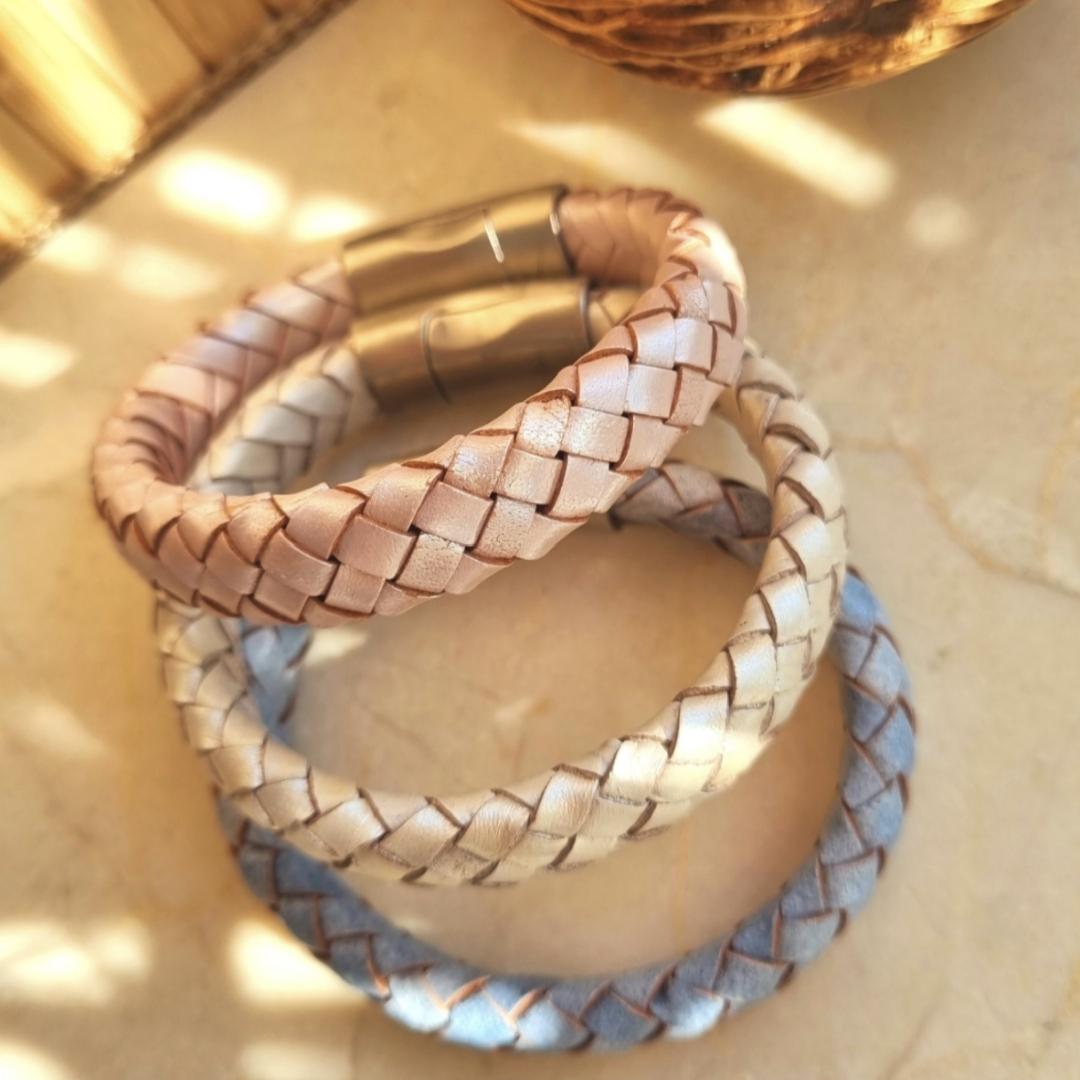 Leren armband gevlochten dames creme champagne