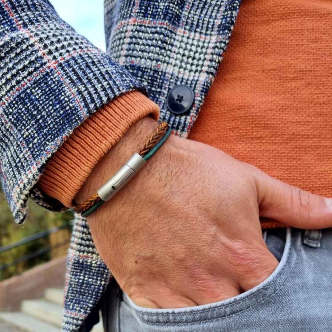 Leren armband bruin groen gevlochten twee koorden Rusty pine