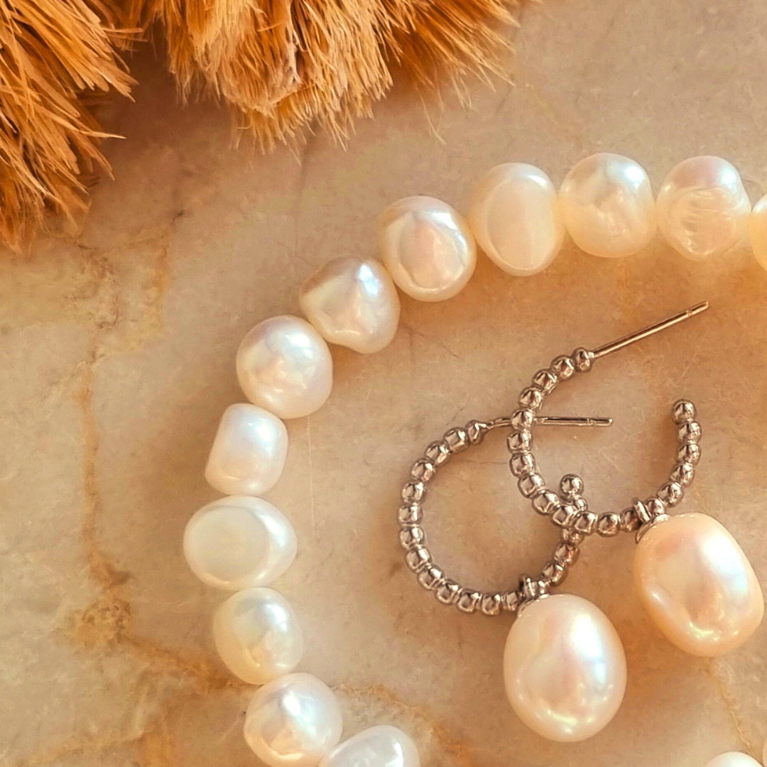 Pearl hoop earrings, Rhodium plated 925 sterling silver, sweet water pearl, festive