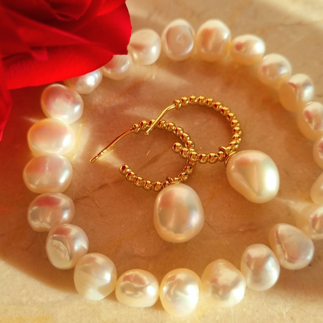 Pearl duo set, earrings bracelet, parel oorbellen armband verguld