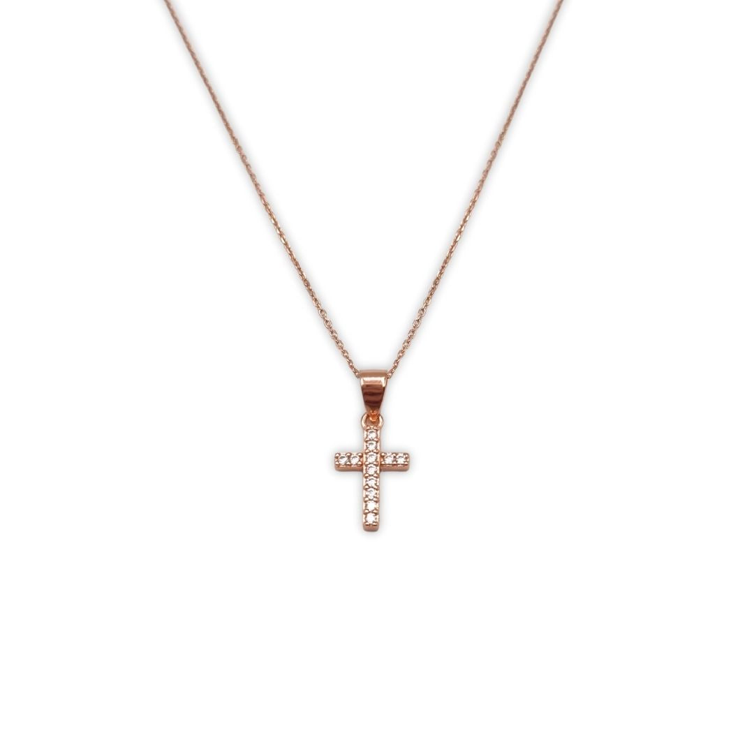 Christelijke rosé gouden ketting met kruis dames steentjes