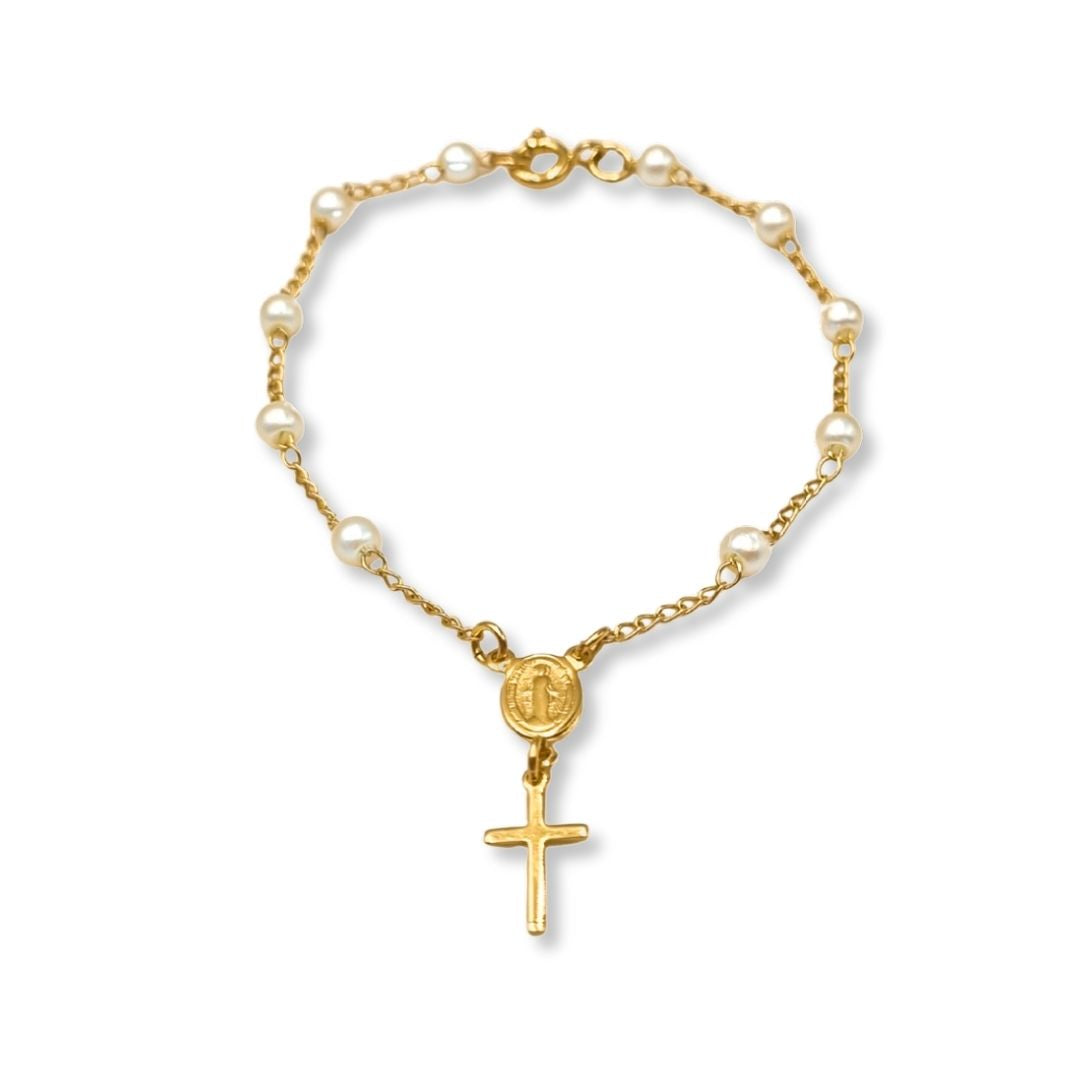 Gouden armband met kruisje en parels - goldfilled rozenkrans