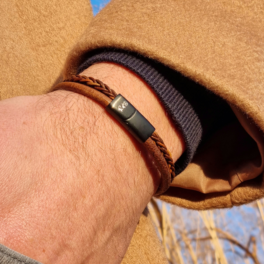 Sturdy Double cord bracelet, genuine leather, stainless steel clasp, echt leer, heren armband, RVS staal sluiting