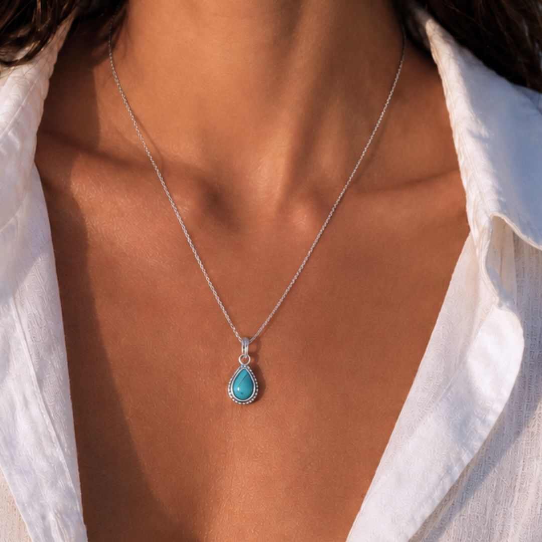 Zilveren ketting steen hanger blauw turquoise