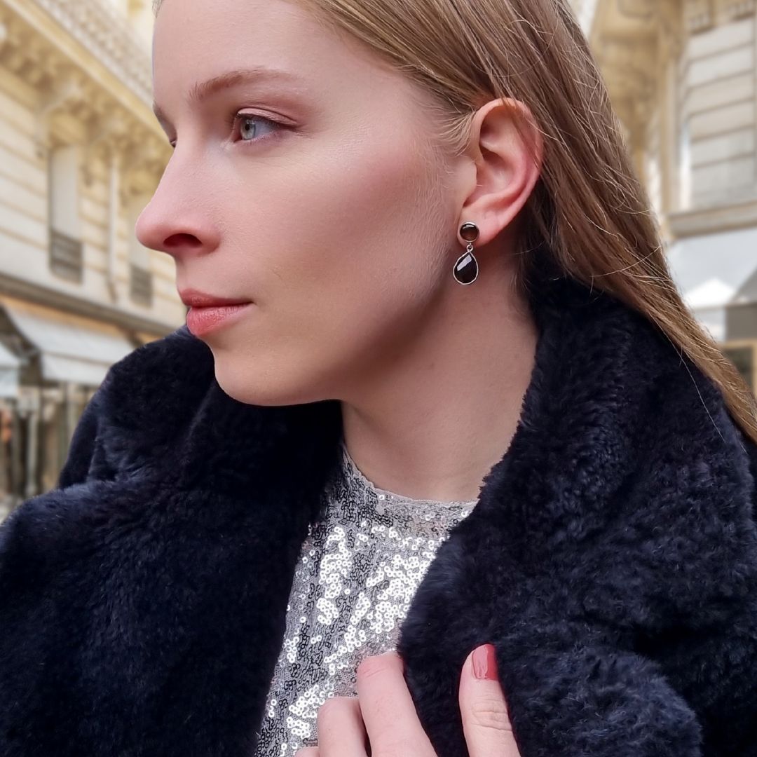 Zilveren oorbellen met rookkwarts Smoky Quartz, zwarte steen