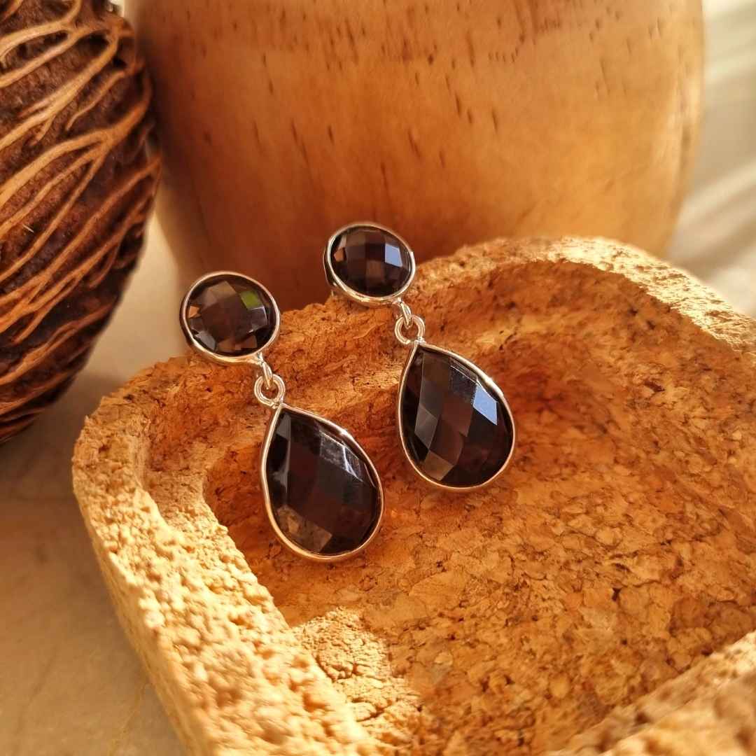 Zilveren oorbellen met zwarte steen rookkwarts Smoky Quartz, Druppel design