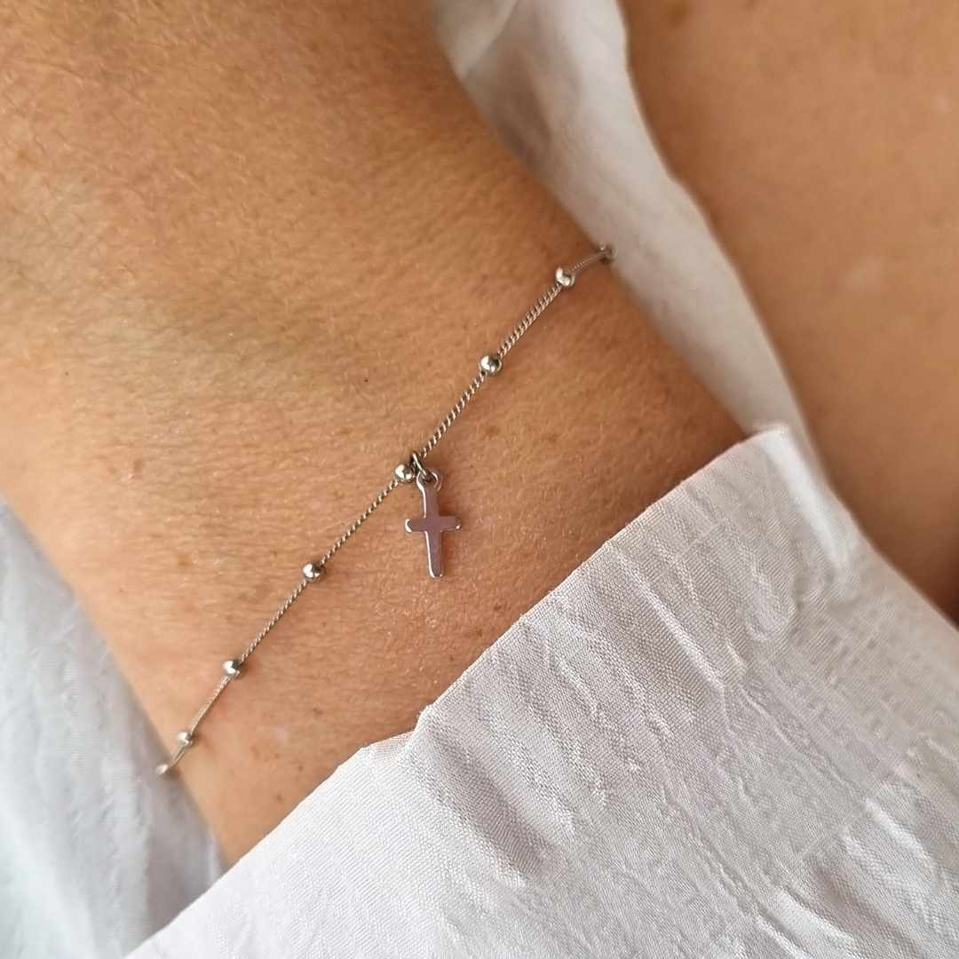 Zilveren armband met kruis - Christelijk bolletjes armbandje