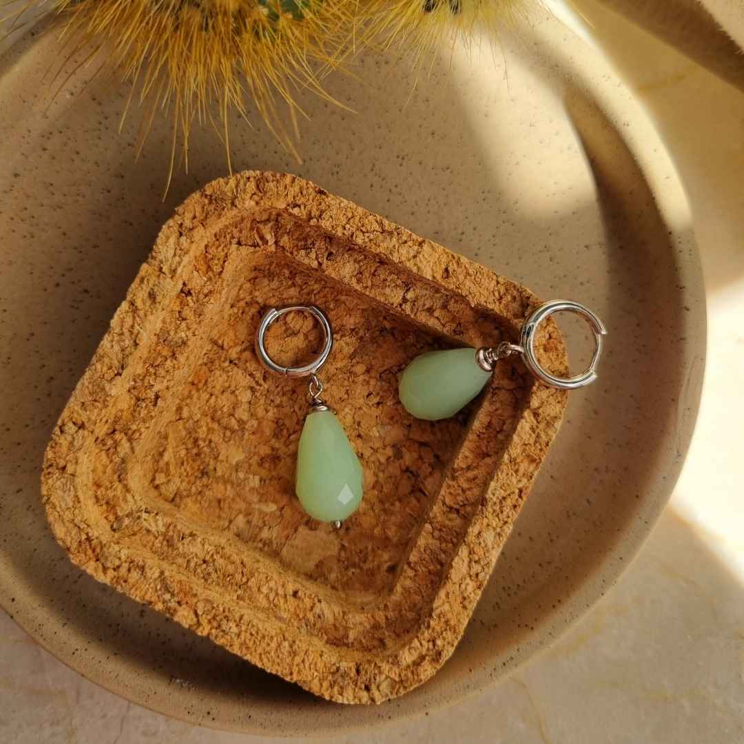 Zilveren creolen met hanger - groene edelsteen- chalcedoon