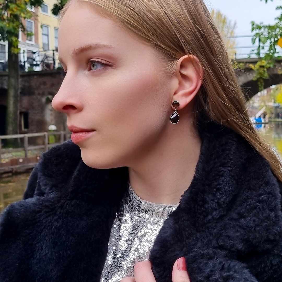 Zilveren oorbellen met rookkwarts Smoky Quartz, zwarte steen