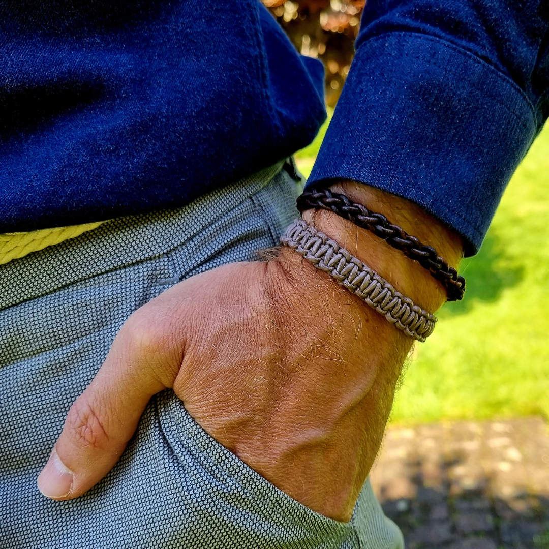 Tough Taupe bracelet, leather, stair braided, stainles steel claspHunter bay bracelet, Stair braided, stainless steel clasp, echt leer, mannen armband, rvs, staal, heren