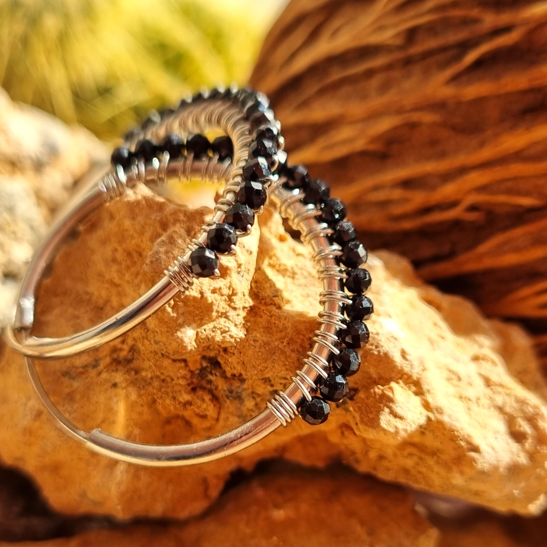 Roca de Piña- Black Spinel hoops- rhodium plated 95 sterling silver - black spinel stone