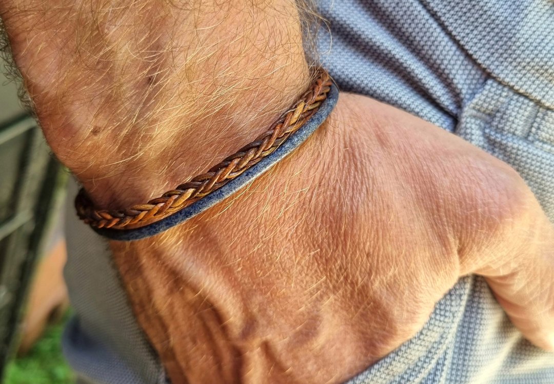 Mens collection banner leather denim bracelet