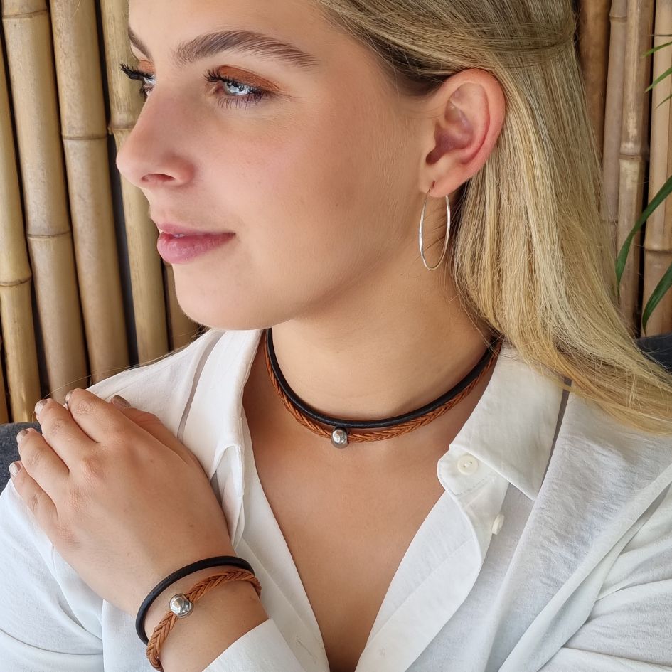 Boho Chique Leren Choker Ketting - Dubbel Koord- Staal RVS - Bruin Zwart