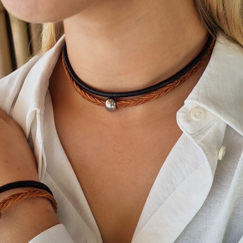 Boho Chique Leren Choker Ketting - Dubbel Koord- Staal RVS - Bruin Zwart