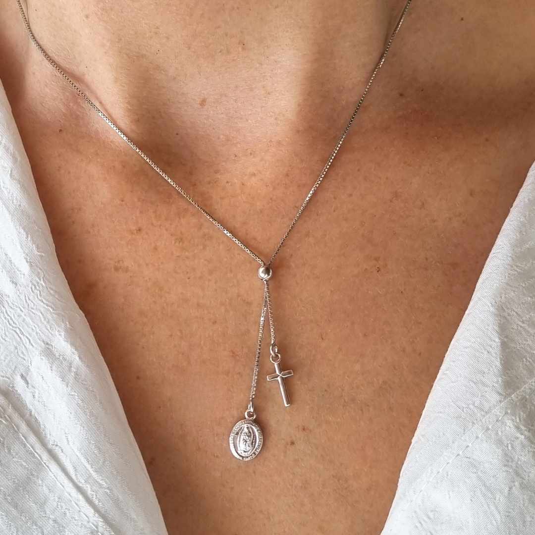 Christelijke ketting met kruis en bedel Maria - Zilver 925 sterling