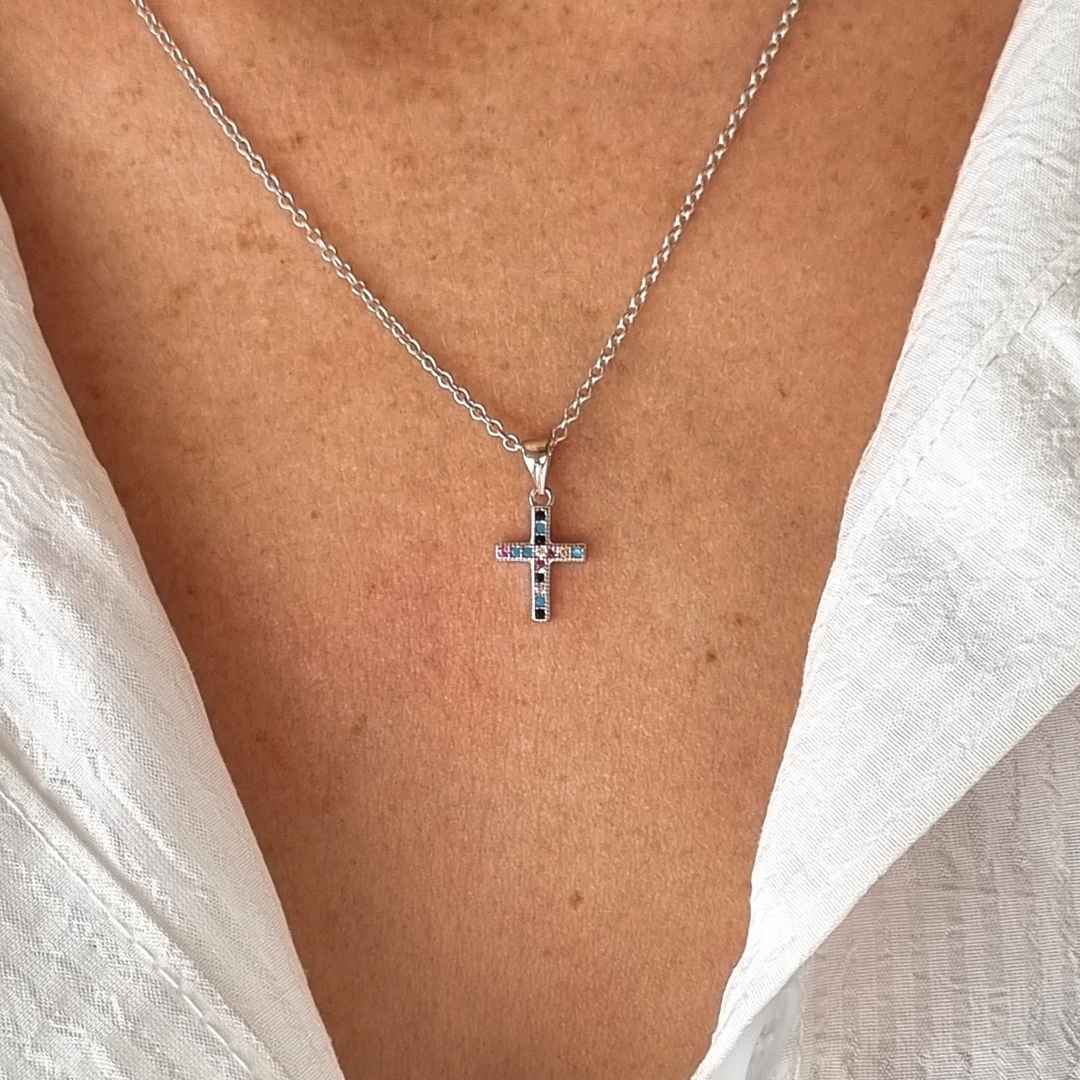 Christelijke ketting met kruis dames - gekleurde steentjes - 925 zilver