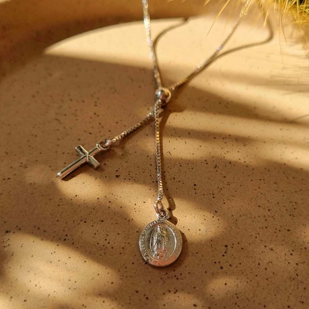 Christelijke ketting met hanger - kruis en Maria bedel - 925 sterling zilver