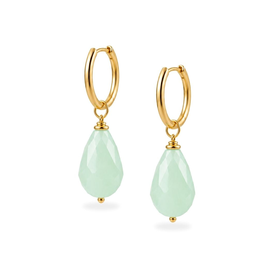 Ibiza style oorbellen goud groene steen chalcedoon