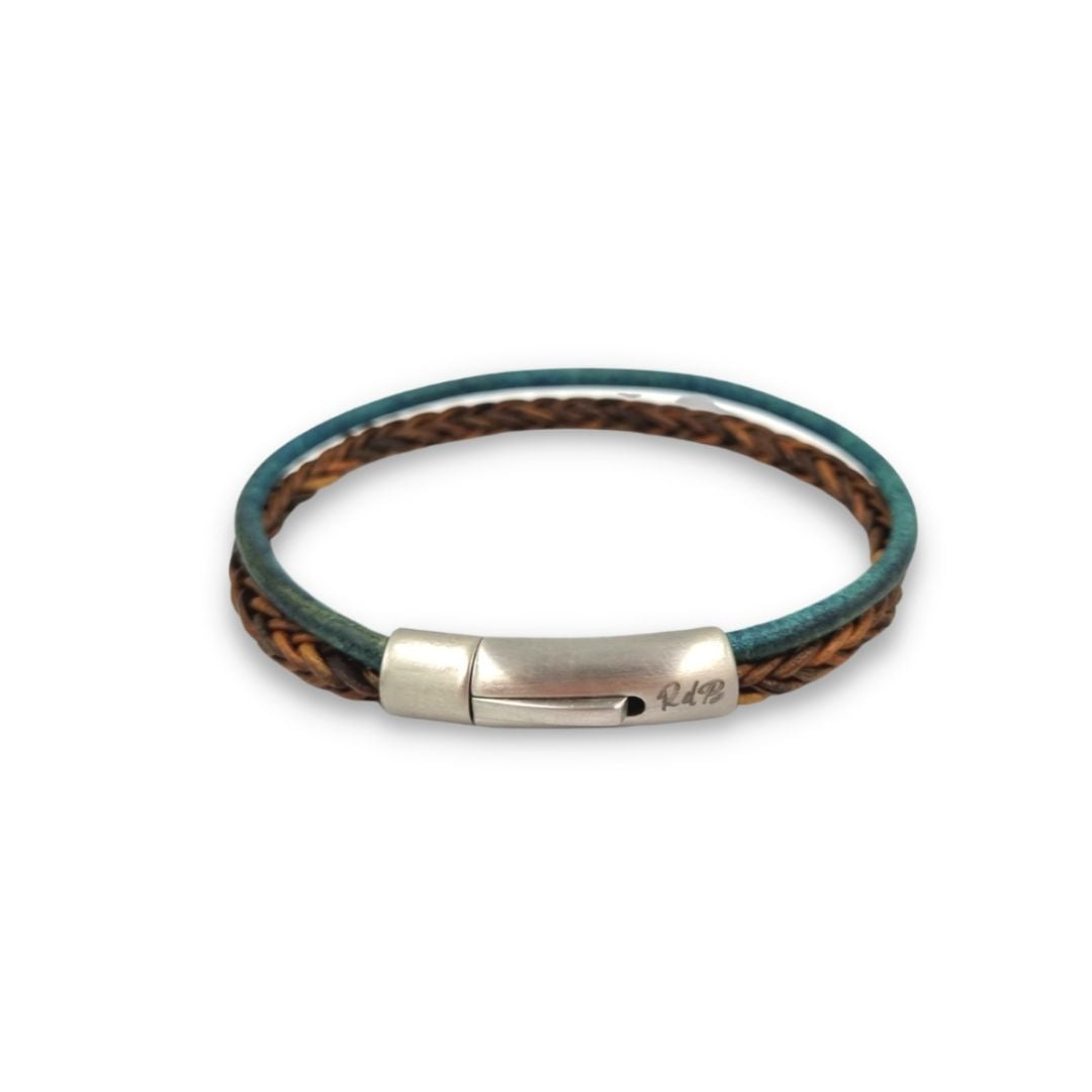 Leren heren armband bruin groen gevlochten twee koorden Rusty pine