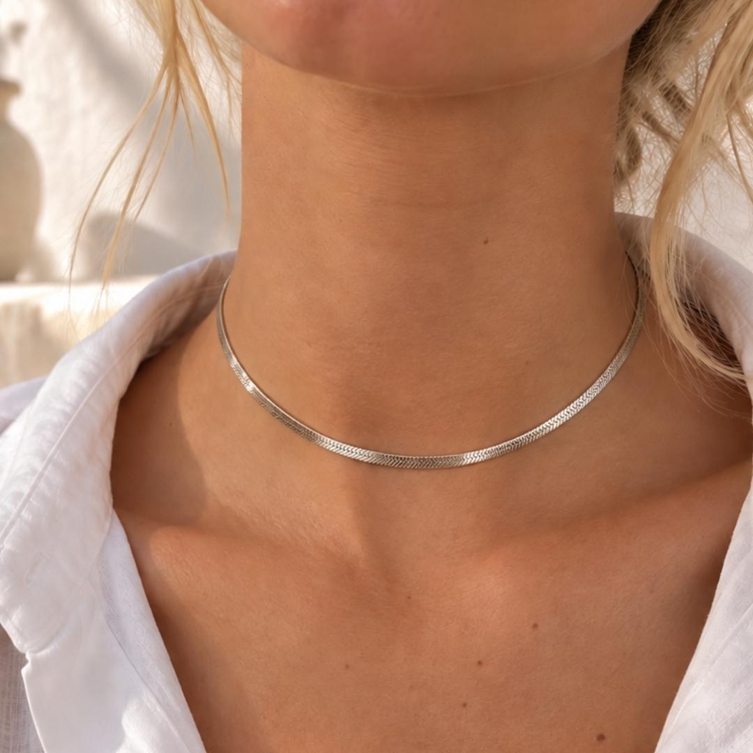 Platte snake ketting zilver dames