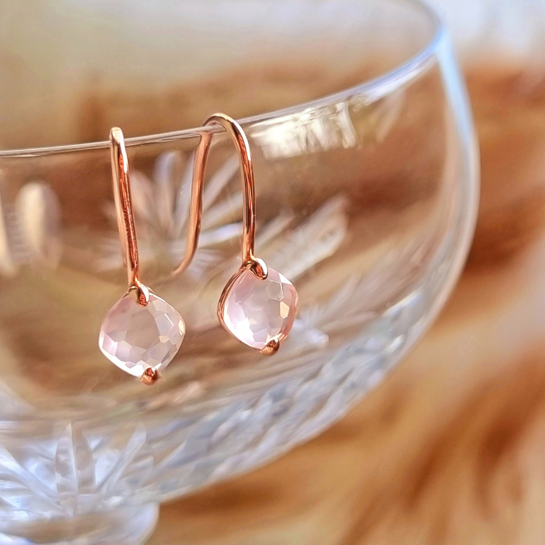 Rose quartz earrings, rose gold plated 925 sterling silver, festive, feestelijk, rozenkwarts oorbellen