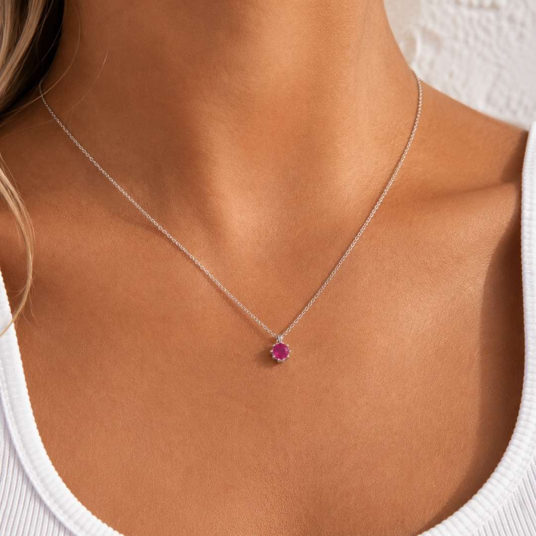 Zilveren ketting steentje fuchsia roze