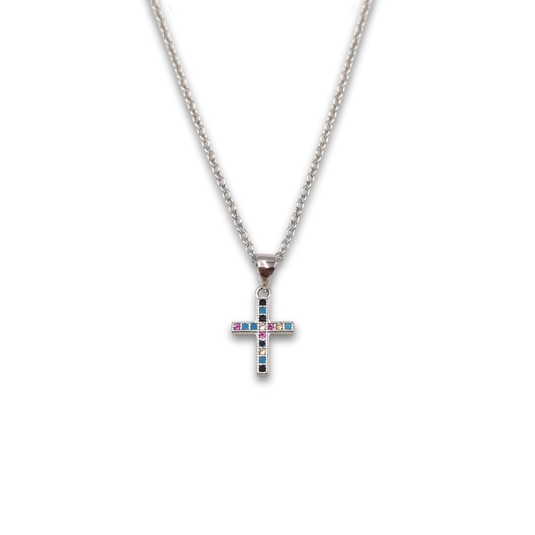 Christelijke zilveren ketting kruis dames - met gekleurde zirkonia steentjes