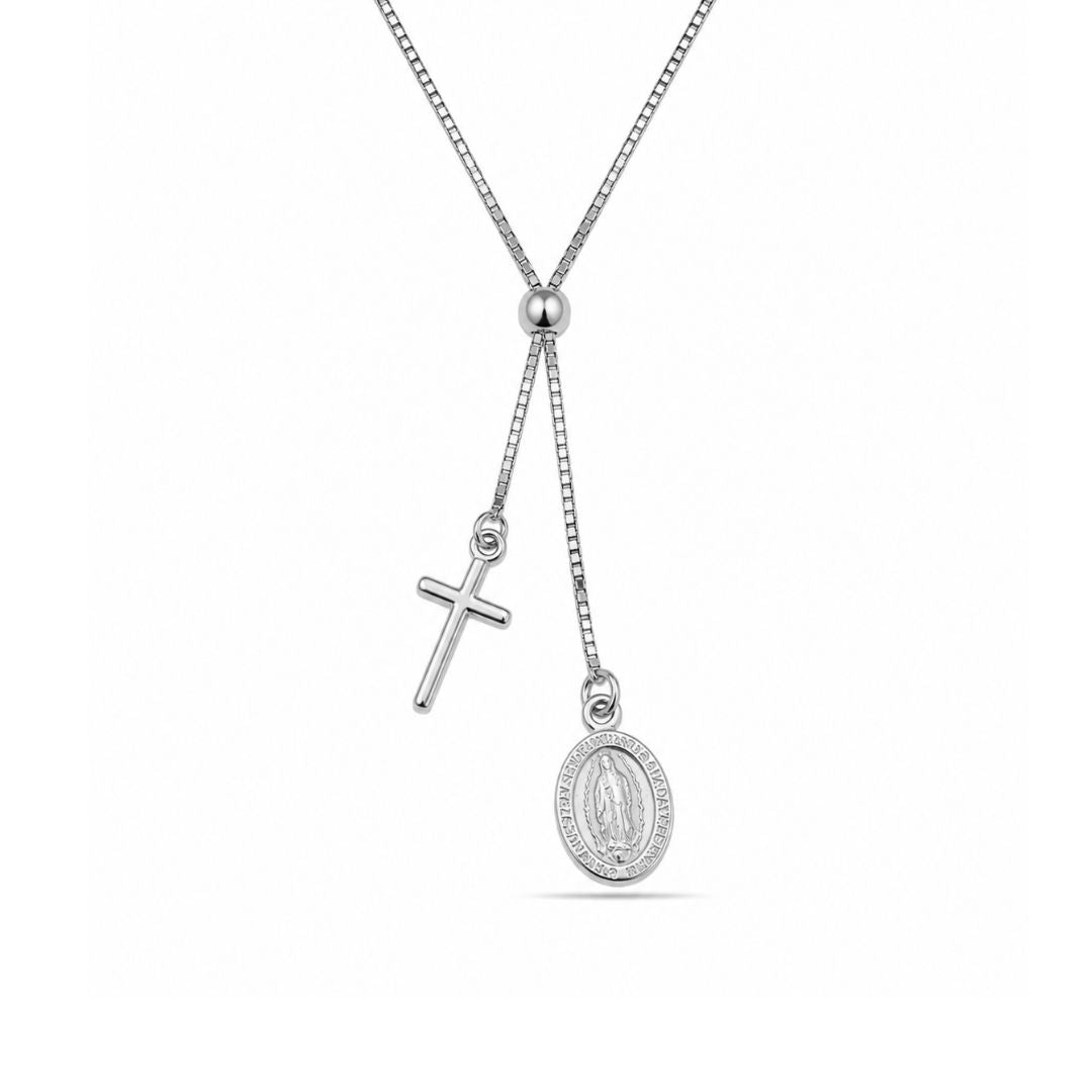 Zilveren kruisketting met kruisje en maria bedel